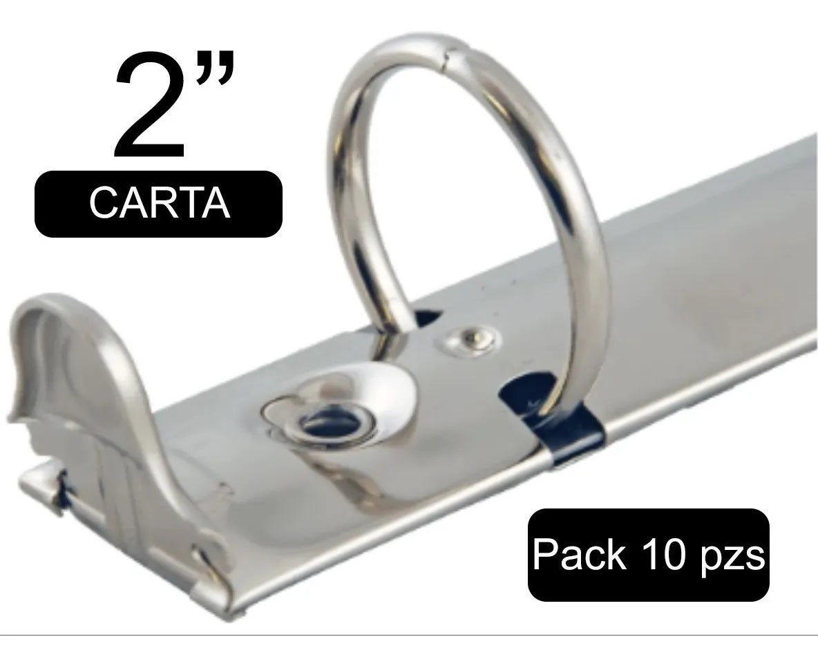 Paquete de 10 piezas de herraje tamaño carta de 280 mm con tres argollas circulares de 2 pulgadas de diámetro, con palancas, base de 26 mm, acabado níquel, y capacidad para 420 hojas. Paquete de 10 piezas de herraje tamaño carta de 280 mm con tres argollas circulares de 2 pulgadas de diámetro, con palancas, base de 26 mm, acabado níquel, y capacidad para 420 hojas.